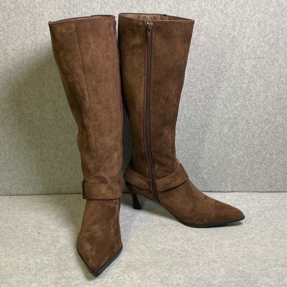 Berness Aston Boots Women's Sz 8.5 Brown Faux Suede Pointed Toe Kitten Heel EUC